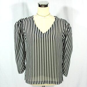 Vintage RD2 Black White Stripes Puff Sleeve V Neck Sheer Blouse Top Tunic L 80s